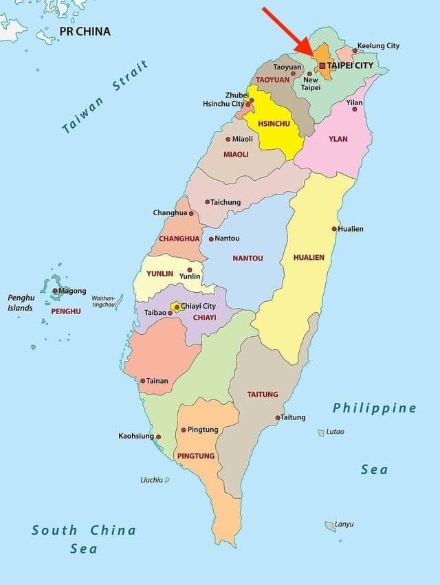 Taipei op de kaart van Taiwan